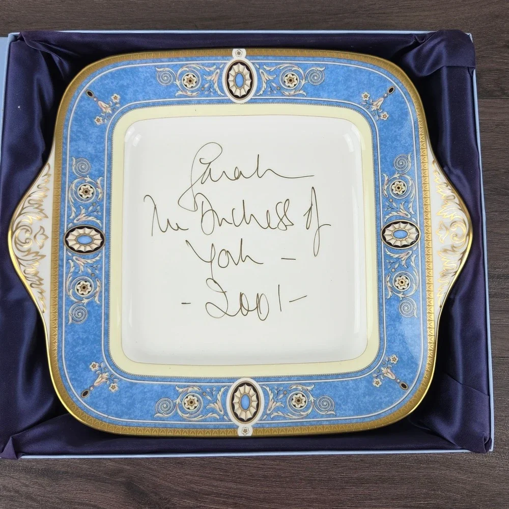 Wedgwood Madeleine Square Cake Plate Sarah Duchess of York Signed 2001 Blue Gold